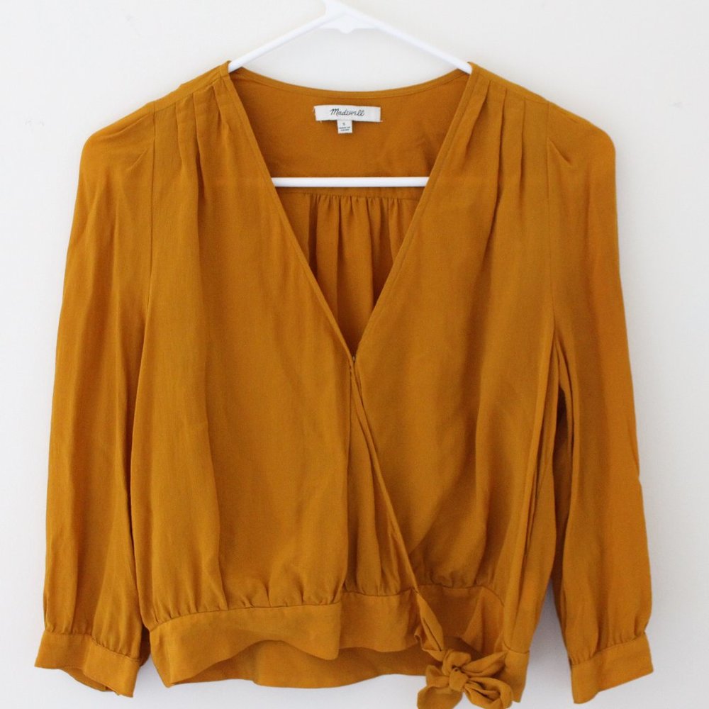 Mustard- Colored Silk Wrap Top